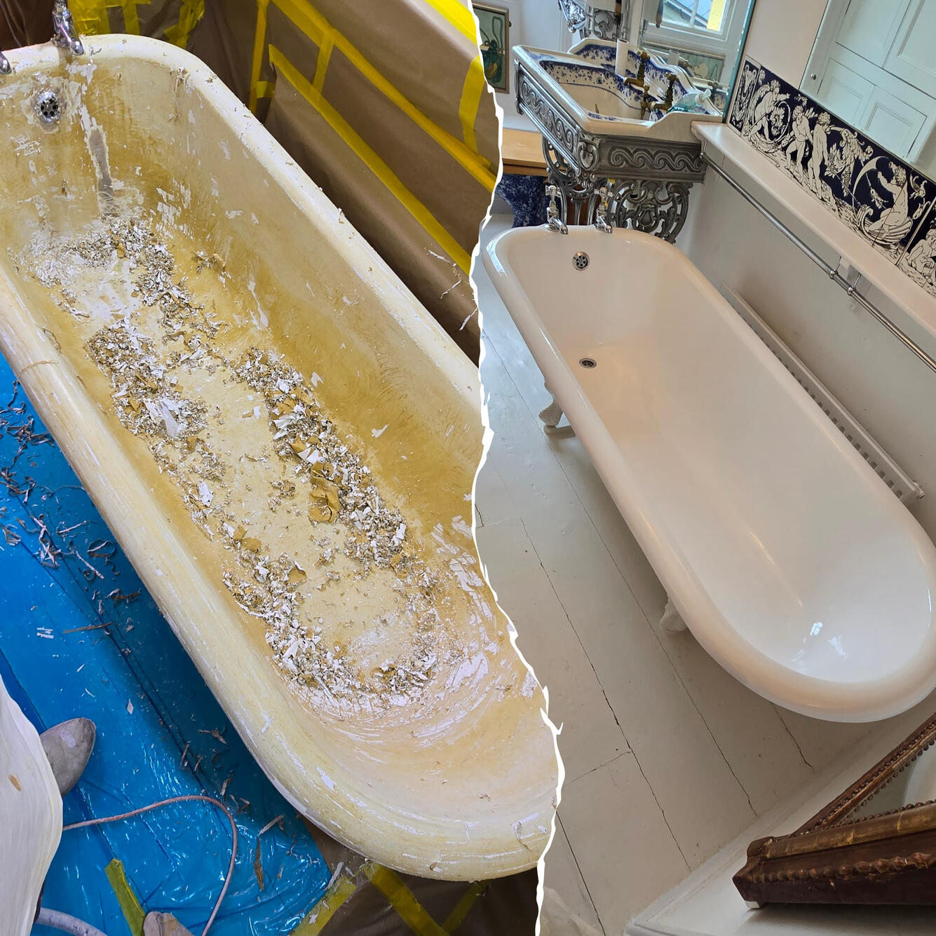 Roll top bath re-enamelled in Newbury Before and after Victorian cast iron roll top bath re-enamelling in Speen, Newbury