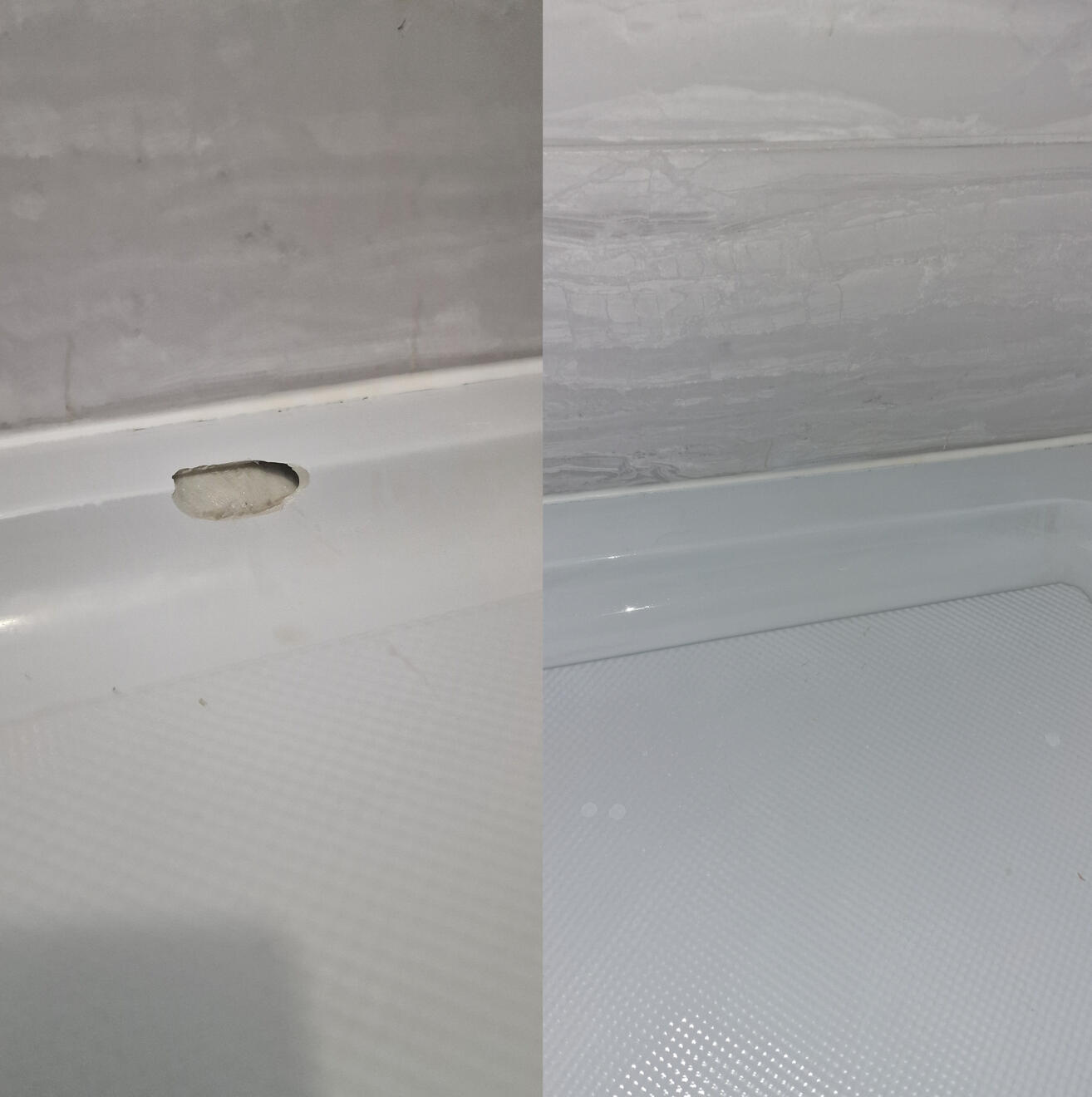 BEFORE AND AFTER PICTURES OF A STONE RESIN SHOWER TRAY CHIP REPAIR Before and after pictures of a shower Tray repair in Newbury