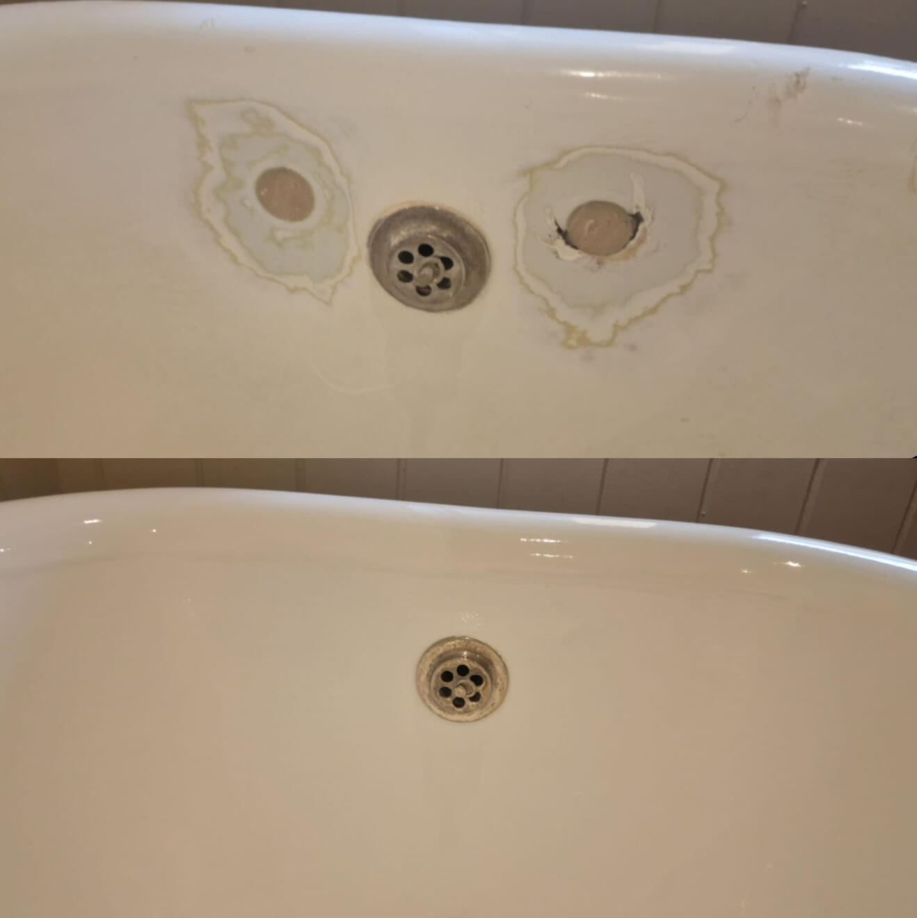 BEFORE AND AFTER PICTURES OF A CAST IRON BATH TAP HOLES FILLED AND REPAIRED Before and after cast iron bath tap holes filled and repaired in Newbury