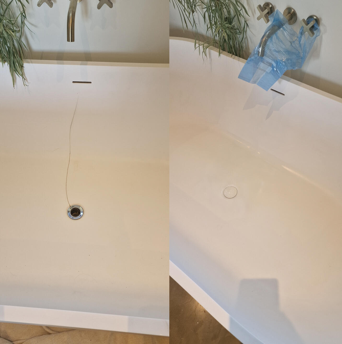 before and after pictures of a stone resin acrylic bath crack repair Reinforced stone resin bath crack repair in Newbury