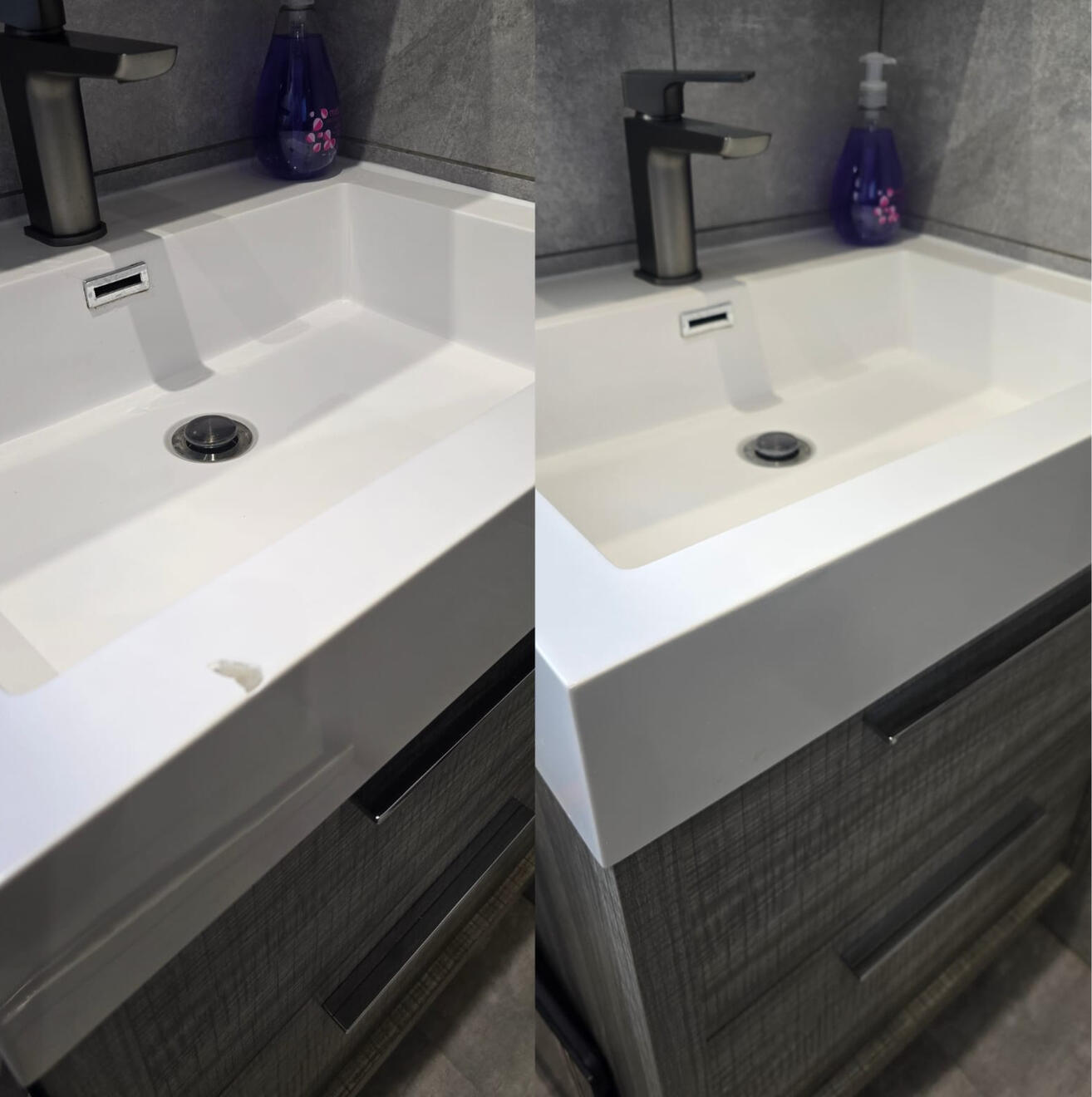 BEFORE AND AFTER PICTURES OF A COMPOSITE BATHROOM BASIN CHIP REPAIR Before and after composite bathroom basin chip repair in Hungerford, Newbury