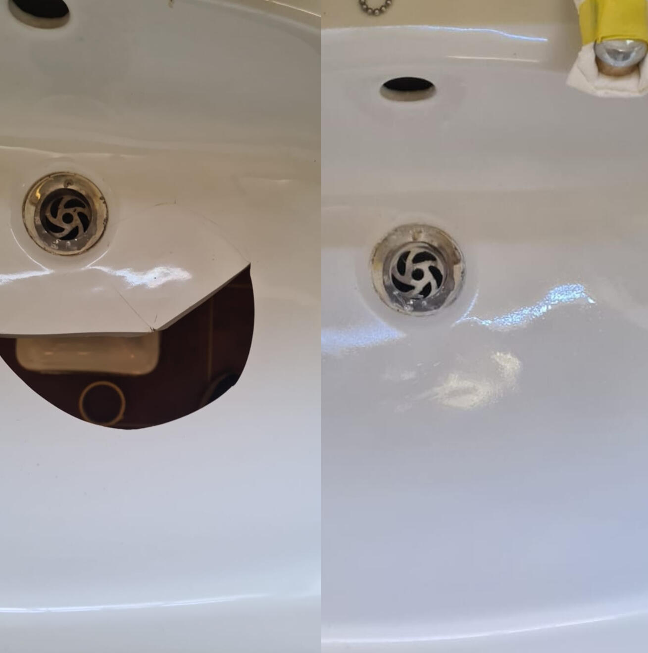 before and after pictures of a ceramic sink crack repair Before and after ceramic sink crack repair in Newbury