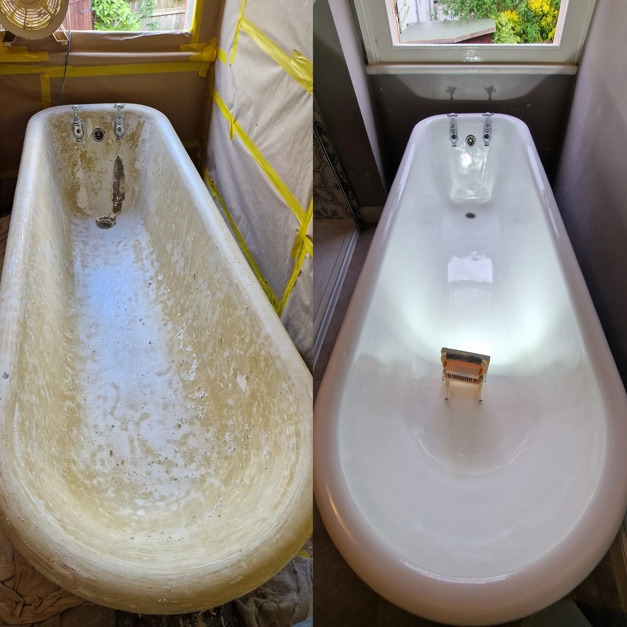 PICTURE OF A BEFORE AND AFTER OF A ROLL TOP CAST IRON BATH Before and after roll top cast iron bath re-enamelling in wash common, Newbury
